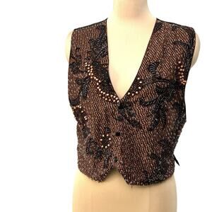 Ann Tjian for Kenar Beaded Vest Womens M Snap Up 80s Boho Western Glam Festival